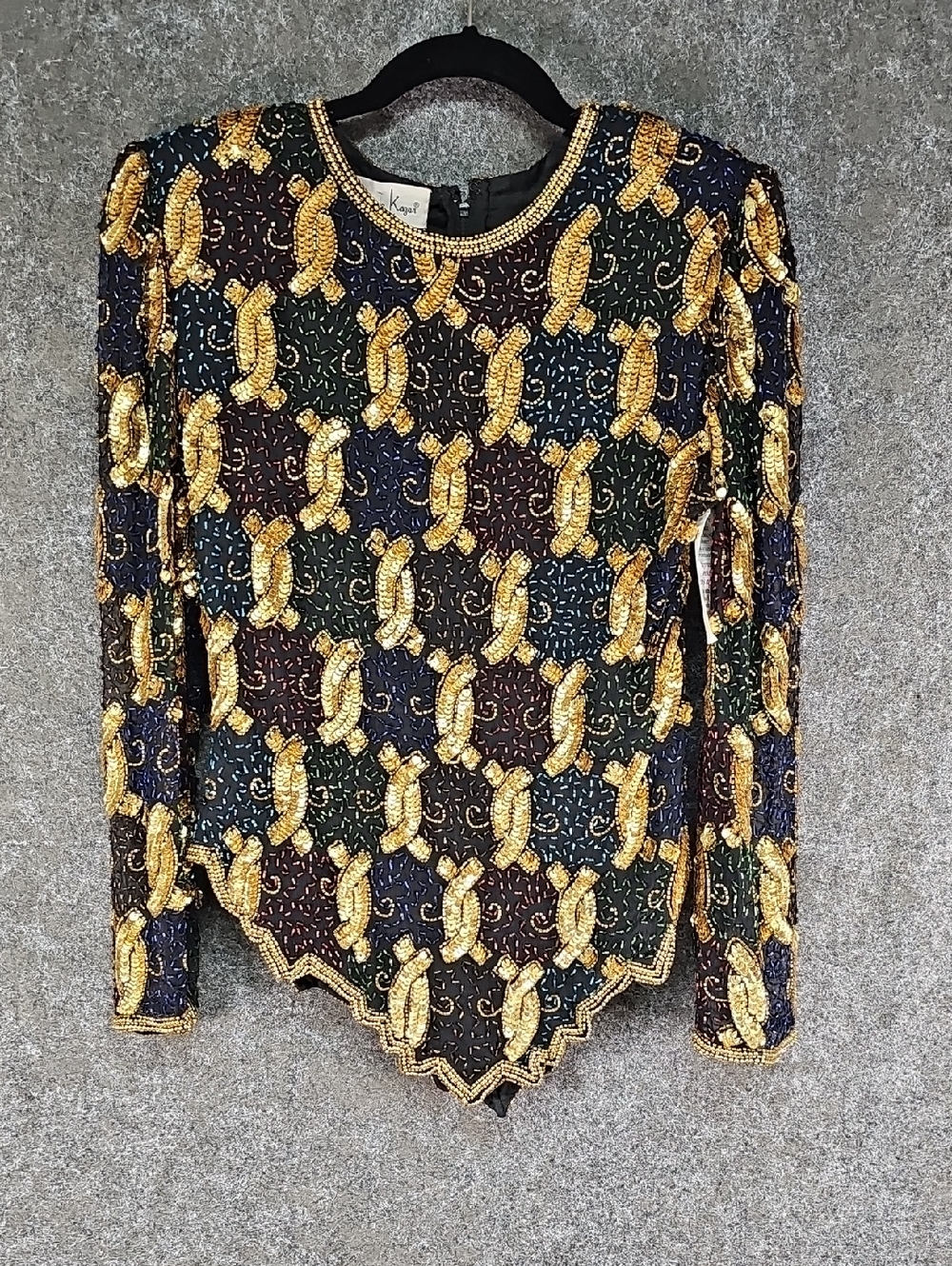 Vtg 90s Laurence Kazar NY Beaded Sequin Women's Blouse, Silk, Black Gold, M, NEW